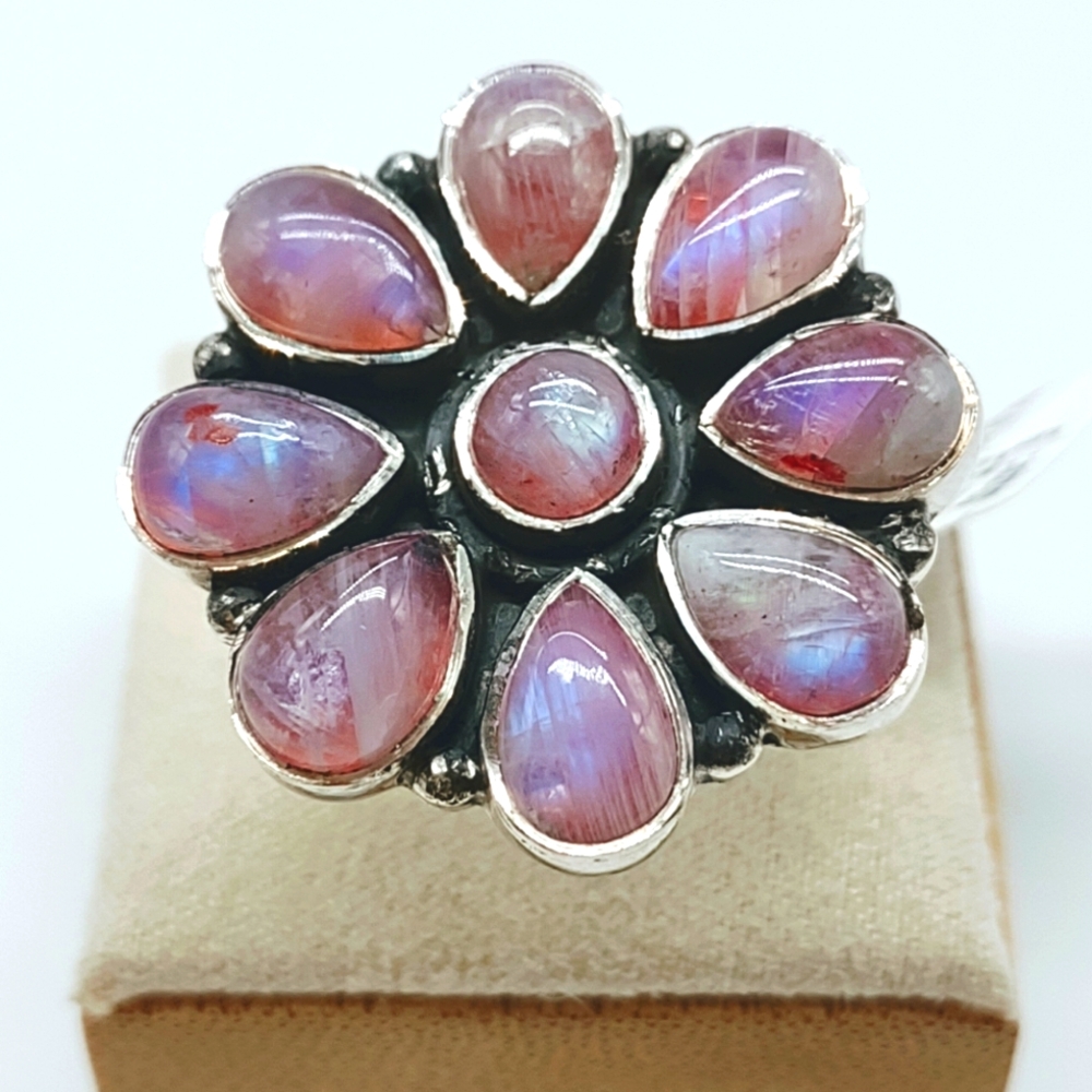 Sterling Silver Pink Moonstone Flower Cluster Ring